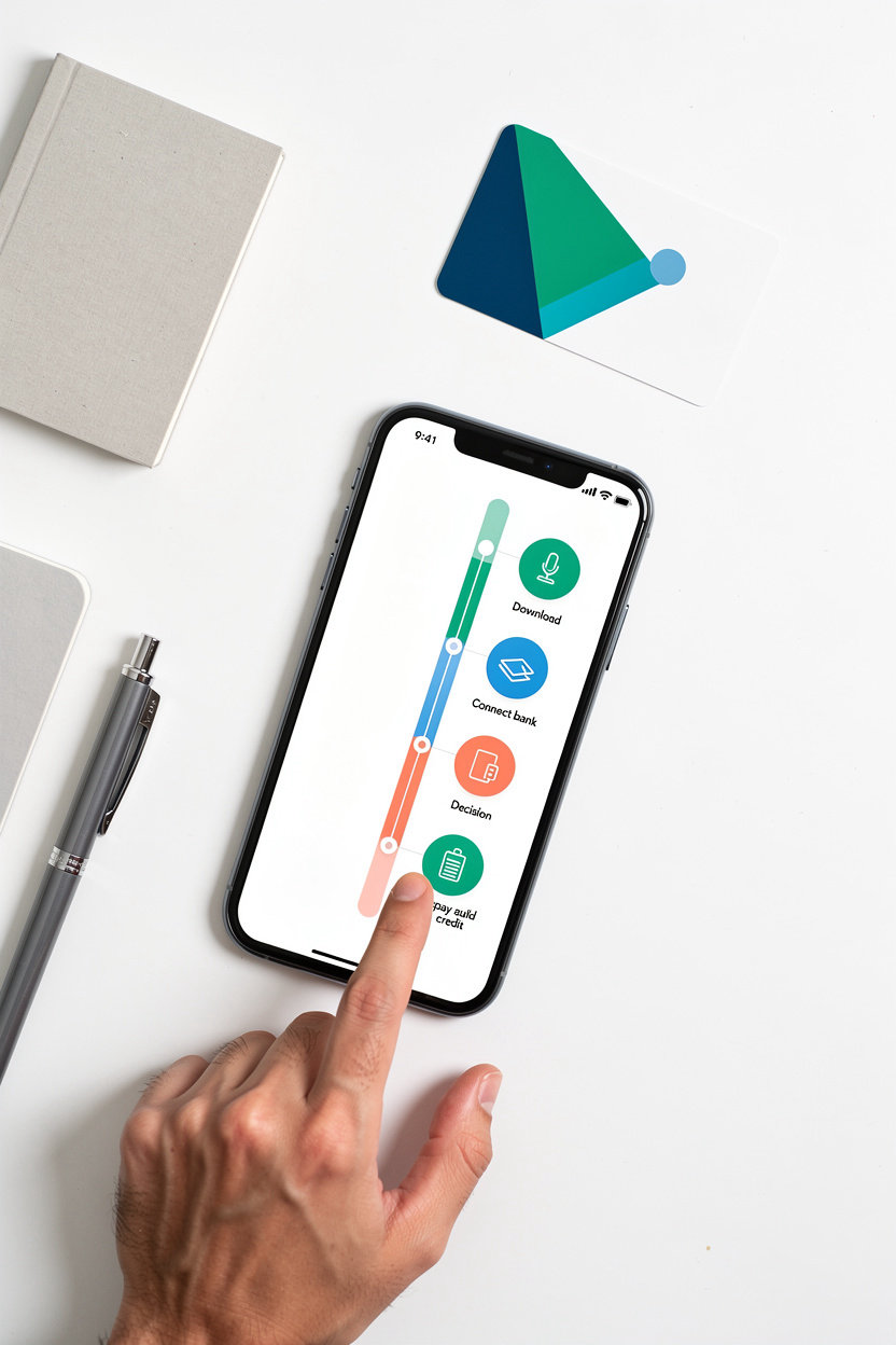 Possible AI credit-building journey showing secure app verification and flexible repayment process